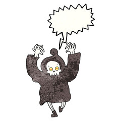 speech bubble textured cartoon dancing death skeleton