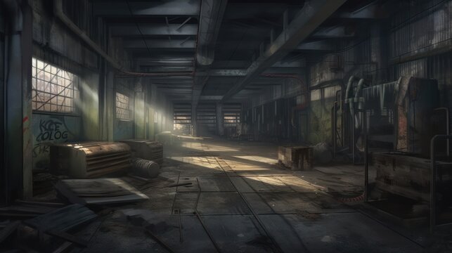 creepy interior of an abandoned warehouse background, concept art, digital illustration, haunted factory, scary interior, Generative AI