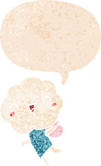 cute cartoon cloud head creature and speech bubble in retro textured style