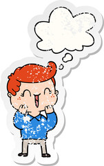 cartoon laughing boy and thought bubble as a distressed worn sticker