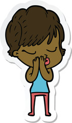 sticker of a cartoon woman with eyes shut