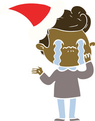 flat color illustration of a man crying wearing santa hat