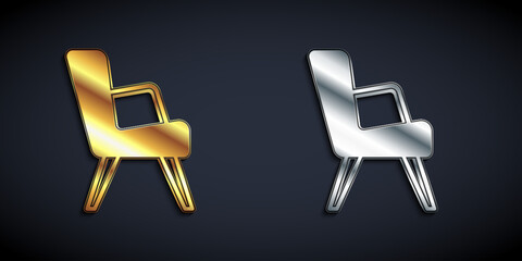 Gold and silver Armchair icon isolated on black background. Long shadow style. Vector