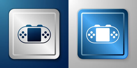 White Portable video game console icon isolated on blue and grey background. Handheld console gaming. Silver and blue square button. Vector