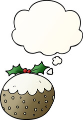 cartoon christmas pudding and thought bubble in smooth gradient style