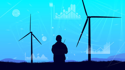 Wind turbines. Power plant engineer silhouette. Electro generating technologies. Wind turbines on blue. Construction of windmills. Generation of electricity. Offshore wind generators. 3d image © Grispb