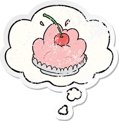 cartoon dessert and thought bubble as a distressed worn sticker
