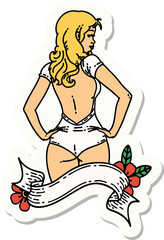tattoo style sticker of a pinup swimsuit girl with banner