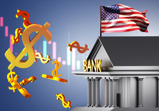 American bank. Outflow of capital from bank. Building with USA flag. Crisis in banking sector. Bank losses. Decrease in value of bank shares. Outflow money deposits from USA banks. 3d image