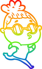 rainbow gradient line drawing cartoon woman wearing glasses