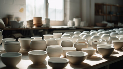 Assortment of Ceramic Bowls and Cups in Ceramic Pottery Studio, Bright Natural Light, Earthy Photography Tones - Generative AI