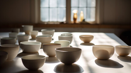 Fototapeta na wymiar Assortment of Ceramic Bowls and Cups in Ceramic Pottery Studio, Bright Natural Light, Earthy Photography Tones - Generative AI