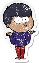 distressed sticker of a cartoon curious boy shrugging shoulders