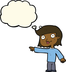 cartoon pointing person with thought bubble