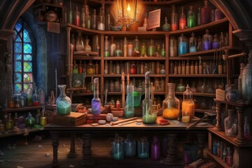 Inside Alchemist's Study or Apothecary Shop with Various Vials and Bottles Medieval Fantasy RPG [Generative AI]