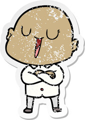 distressed sticker of a happy cartoon bald man