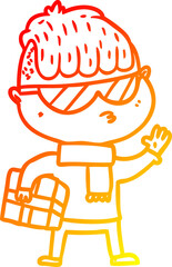 warm gradient line drawing cartoon boy wearing sunglasses carrying xmas gift