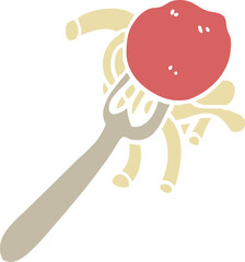 flat color illustration cartoon spaghetti and meatballs on fork