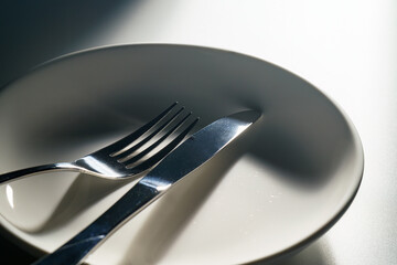 皿の上に置かれたフォークとナイフ