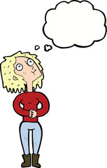 cartoon woman looking upwards with thought bubble