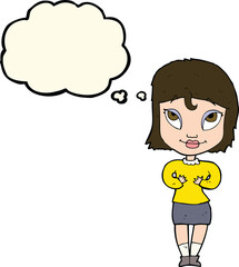 cartoon woman gesturing at self with thought bubble