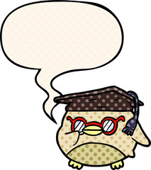 cartoon clever old owl and speech bubble in comic book style