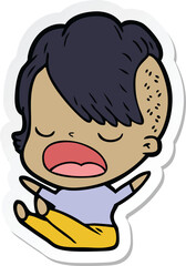 sticker of a cartoon cool hipster girl talking