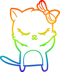 rainbow gradient line drawing cute cartoon cat with bow