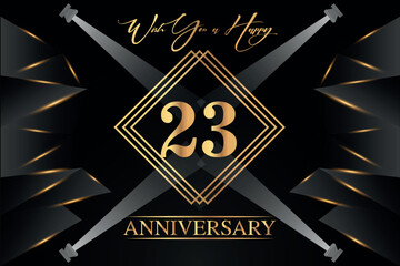 23 year anniversary celebration luxury golden color logo design with elegance gold line and number on black background
