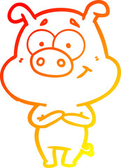 warm gradient line drawing happy cartoon pig