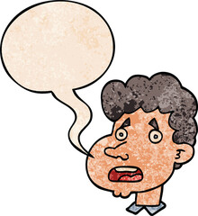 cartoon shocked man and speech bubble in retro texture style
