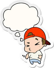 cartoon cool kid and thought bubble as a printed sticker