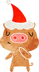 retro cartoon of a content pig wearing santa hat