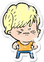 distressed sticker of a cartoon frustrated woman