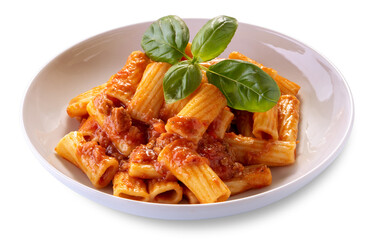 Macaroni rigatoni with tomato sauce and meat in white dish with basil leaves, isolated