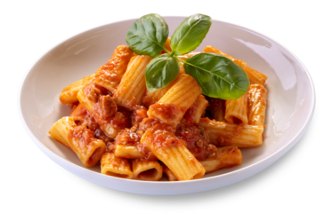 Macaroni rigatoni with tomato sauce and meat in white dish with basil leaves, isolated