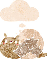 cute cartoon snail and thought bubble in retro textured style
