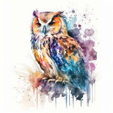 Multicolored watercolor owl on a white background. AI generative.