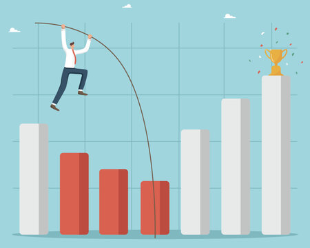Recovery of profits after economic crisis or recession, business growth, overcoming financial difficulties, risk taking and determination on the way to success, a man pole vault over graph columns.