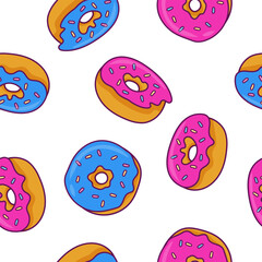 Seamless pattern with donuts. Pink and blue donut with different topping.