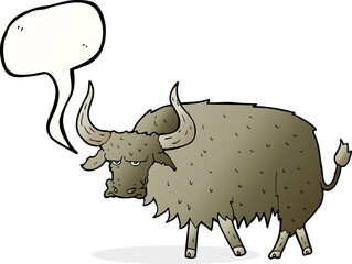 cartoon annoyed hairy cow with speech bubble