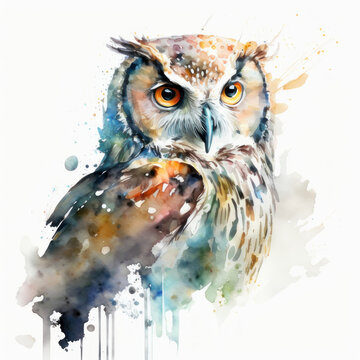 Multicolored watercolor owl. AI generative.