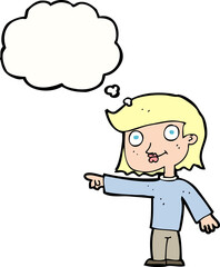 cartoon pointing person with thought bubble