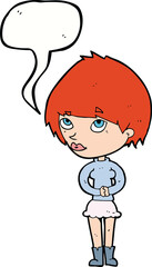 cartoon nervous woman with speech bubble