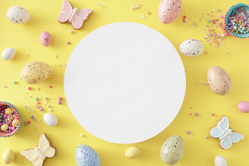 Easter celebration concept. Top view composition of white circle colorful eggs butterfly cookies сolorful candies and sprinkles in paper baking molds on pastel yellow background with blank space