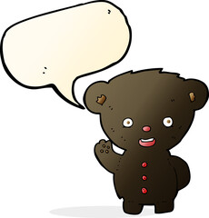 cartoon waving black bear cub with speech bubble
