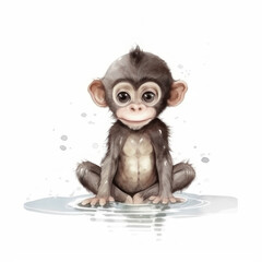Cute watercolor monkey in the water. AI generative.