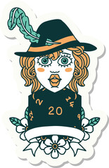 human bard character with natural 20 dice roll sticker
