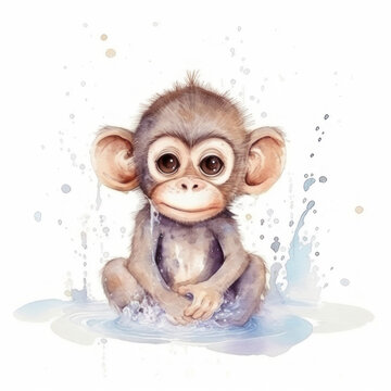Cute watercolor monkey. AI generative.