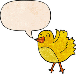 cartoon bird and speech bubble in retro texture style
